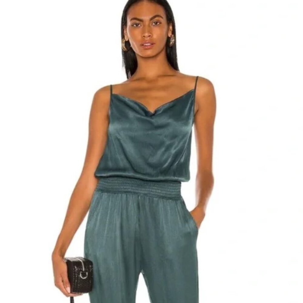 Bobi Los Angeles Jumpsuit Sleek Textured Deep Sage Smocked Waistband Women's Sma